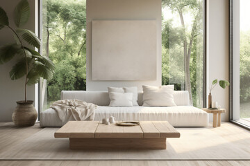 Japandi-inspired living roomมdecor features a selection of natural materials and a soothing neutral color palette, accompanied by minimalist furniture,Japanese simplicity 