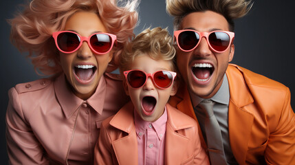 Happy emotionally fashionable family with the sun glasses. Family look. - obrazy, fototapety, plakaty