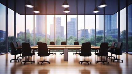 Empty conference room or meeting office space with table and chairs. Generative AI