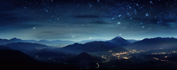 Landscape view on falling stars perseids, clear dark night sky, panorama banner. Generative Ai.