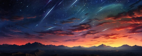 Fototapeta premium Landscape view on falling stars perseids, clear dark night sky, panorama banner. Generative Ai.
