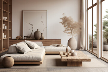 Japandi-inspired living roomมdecor features a selection of natural materials and a soothing neutral color palette, accompanied by minimalist furniture,Japanese simplicity 