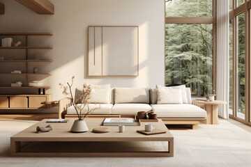 Fototapeta na wymiar Japandi-inspired living roomมdecor features a selection of natural materials and a soothing neutral color palette, accompanied by minimalist furniture,Japanese simplicity 