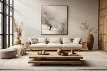 Japandi-inspired living roomมdecor features a selection of natural materials and a soothing neutral color palette, accompanied by minimalist furniture,Japanese simplicity 