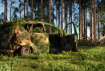 Old abandoned rusty car in the forest, 3D illustration