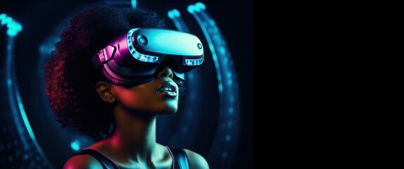 African American woman wearing virtual reality headset neon colors horizontal website banner copy space right. Diverse girl in VR glasses. Augmented reality and NFT concept.