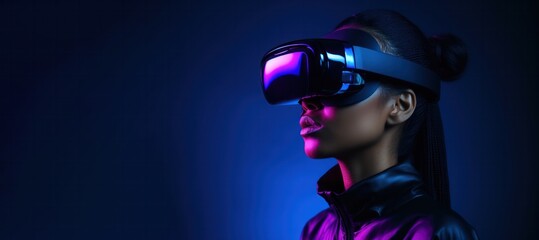 African American woman wearing virtual reality headset neon blue colors horizontal website banner copy space leftt. Diverse girl in VR glasses. Augmented reality and futurist technology concept.