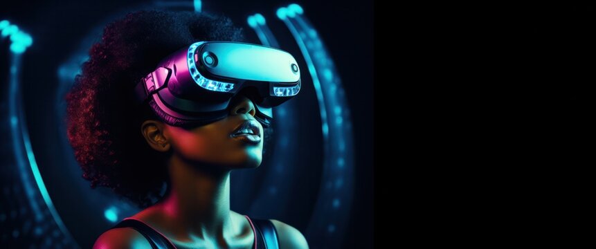 African American woman wearing virtual reality headset neon colors horizontal website banner copy space right. Diverse girl in VR glasses. Augmented reality and NFT concept.