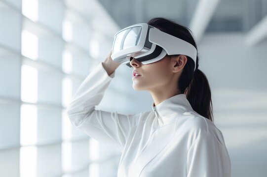 Caucasian woman wearing virtual reality headset in minimal white interior of modern office. Clean futuristic vision. Augmented reality and future business development concept.