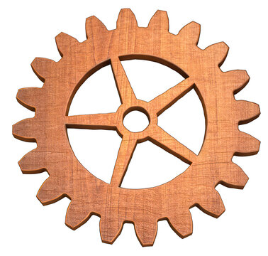 Realistic 3D Wooden Cogwheel Model - Intricately Carved Circular Wood Gear on Transparent PNG Background