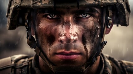Fototapeta premium Close-up portrait soldier among the war