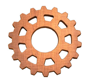 Realistic 3D Wooden Cogwheel Model - Intricately Carved Circular Wood Gear on Transparent PNG Background
