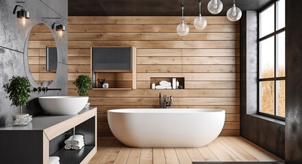 Rustic Elegance - A Stylish Bathroom with Wooden and Concrete Walls nd white bath. Generative AI