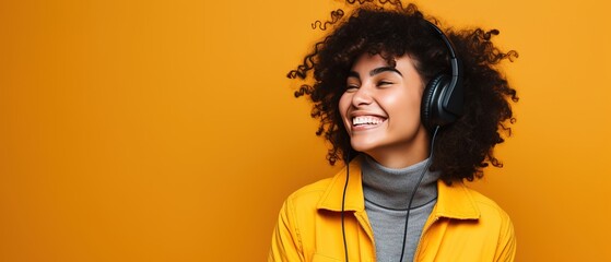 An illustration of a beautiful woman listening to music is positive and joyful. Yellow background