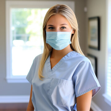 A smiling nurse, seriouse, wearing a blue uniform, face mask
