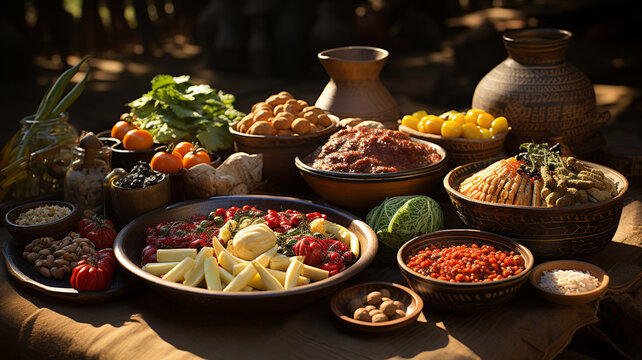 Traditional African cuisine delicacies, couscous, chicken, vegetables, hot spices and more