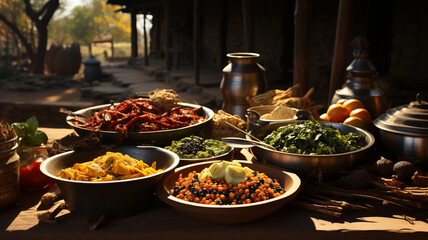 Obraz premium Traditional African cuisine delicacies, couscous, chicken, vegetables, hot spices and more