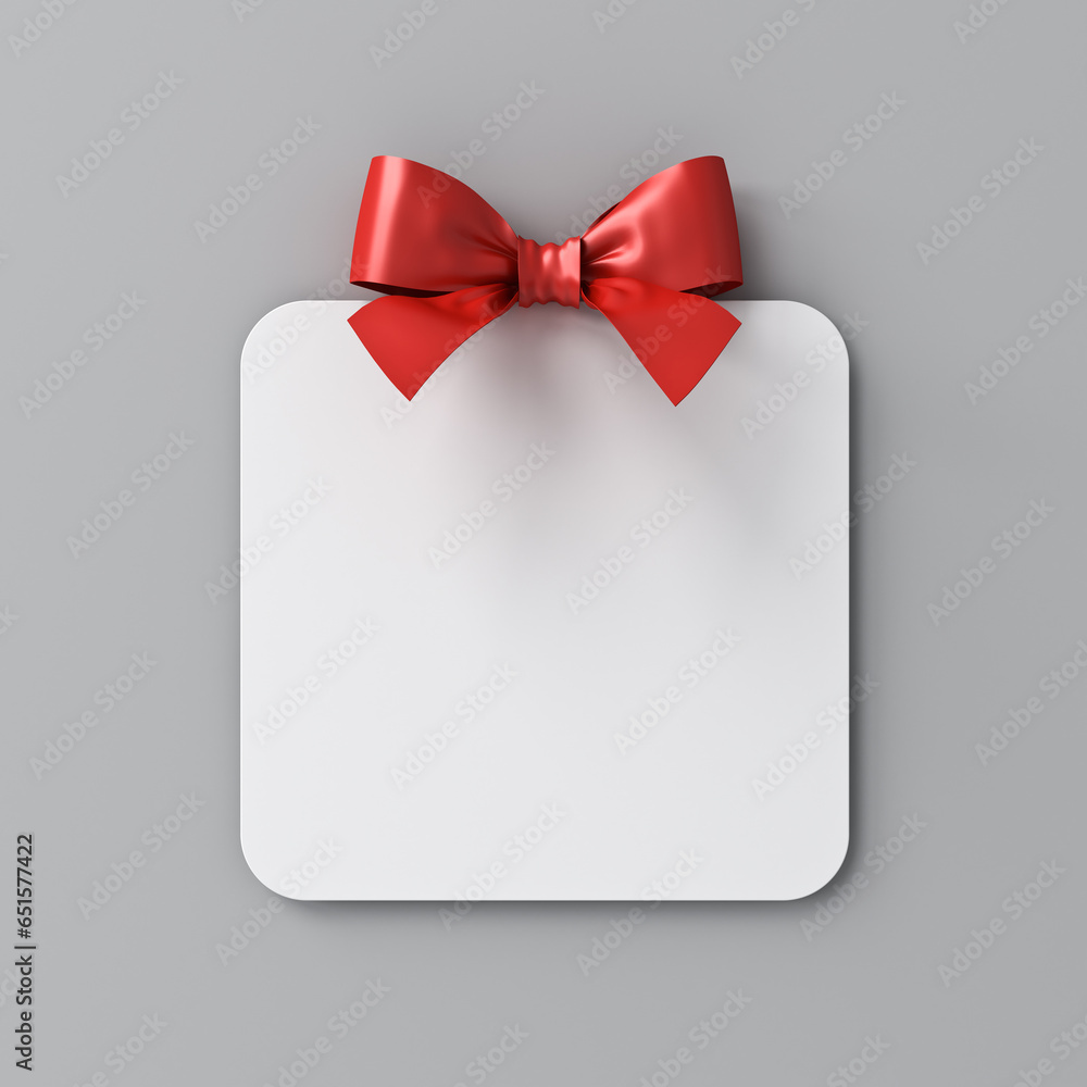 Poster Blank white rounded square sign or empty white present mock up button signboard with red gift ribbon bow isolated on grey wall background with shadow minimal concept 3D rendering