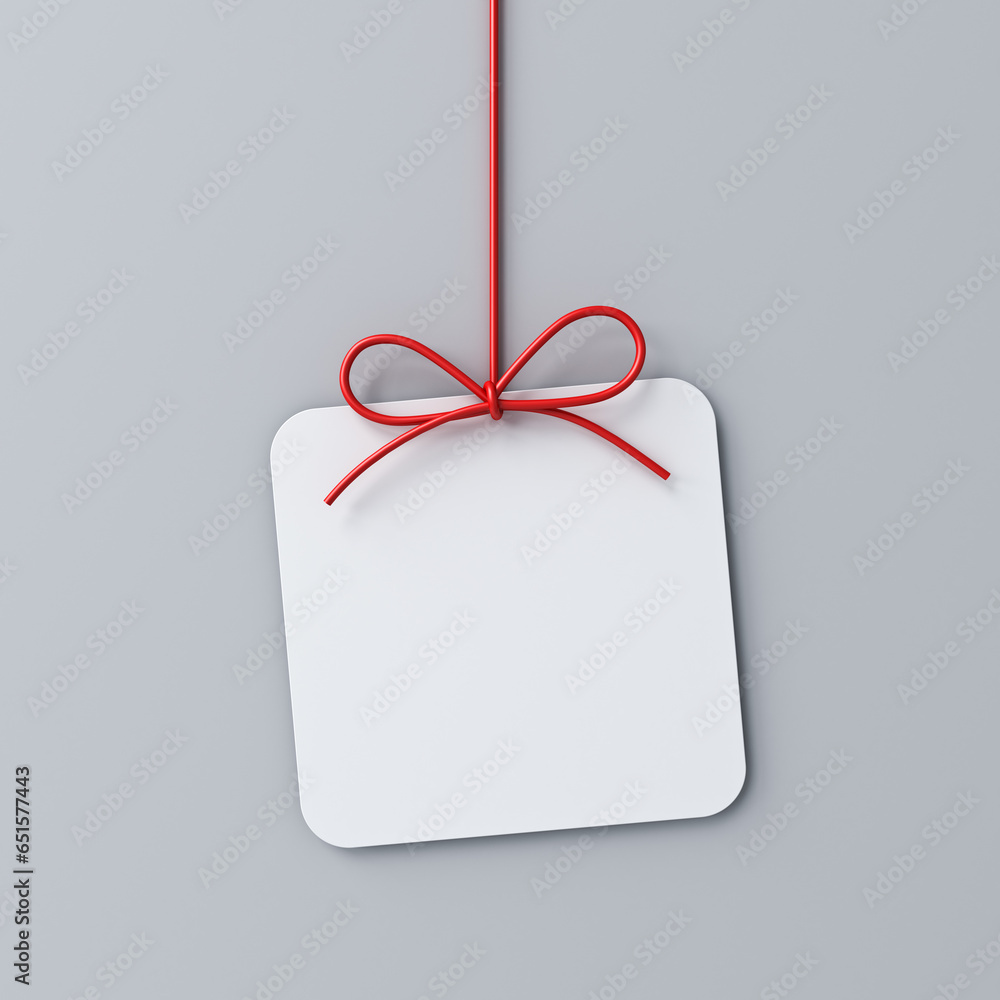 Poster Hanging minimal gift box rounded square sign paper card with red ribbon rope bow isolated on grey background with shadow minimal conceptual 3D rendering