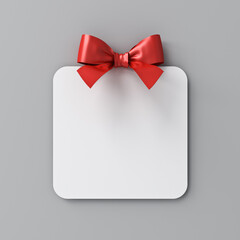 Blank white rounded square sign or empty white present mock up button signboard with red gift ribbon bow isolated on grey wall background with shadow minimal concept 3D rendering