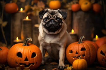 pug breed pet dog with halloween jack o lantern pumpkins and candles. Festive holiday postcard.
