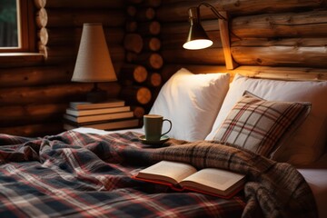 cozy bed closeup with lamp and books in rustic interior of a log cabin bedroom