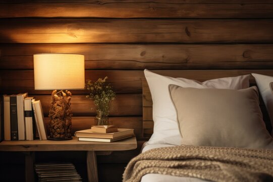 cozy bed closeup with lamp and books in rustic interior of a log cabin bedroom