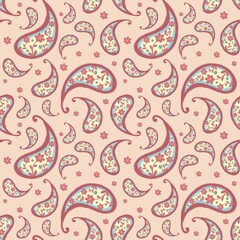 Floral paisley pattern on color background including repeated tiny elements of flower, nature. Hand drawn style with textured lines. Design for decoration, fabric, home decor, wallpaper.