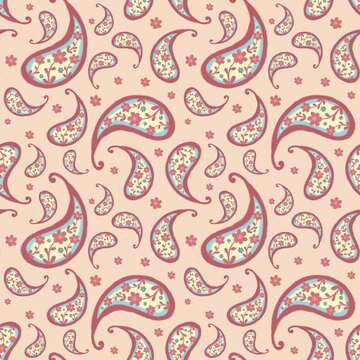 Floral paisley pattern on color background including repeated tiny elements of flower, nature. Hand drawn style with textured lines. Design for decoration, fabric, home decor, wallpaper.