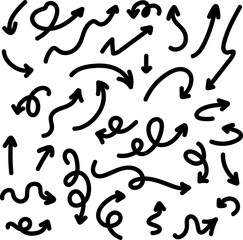 Collection hand drawn doodle arrows. Set simple black arrows isolated on white background. Arrow mark icons. 