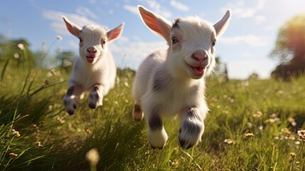 Two baby goats playing in the green field - obrazy, fototapety, plakaty