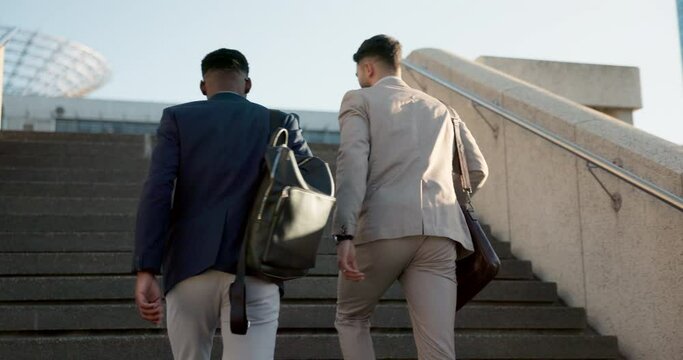 Businessmen, morning sunrise and walking to work while talking, strategy idea and business investment. Discussion, city buildings and colleagues commute together to plan, startup company and execute