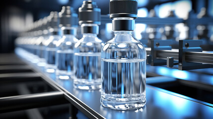 Medical vials on production line at pharmaceutical factory. Generative AI