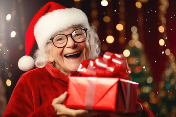 Fototapeta na wymiar Happy old woman in Santa Claus hat receiving Christmas present at home. Christmas concept
