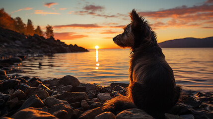 Dog on the beach at sunset - obrazy, fototapety, plakaty