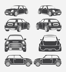 Sports car silhouette on a white background. Vehicle icons set view from side, front, back, car vector, car and top