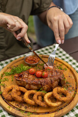 Meat steak in a restaurant. A meat dish