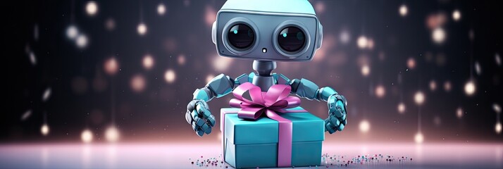 Cute robot opening the gift box with colorful bokeh light background.