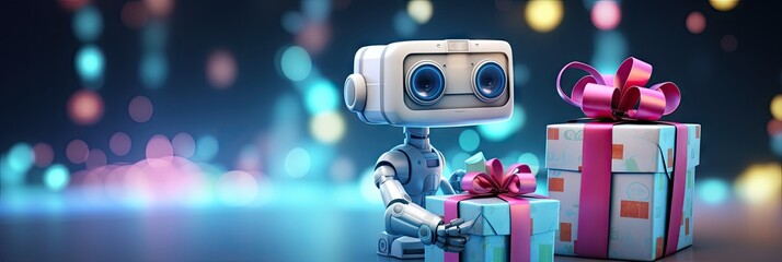 Cute robot opening the gift box with colorful bokeh light background.