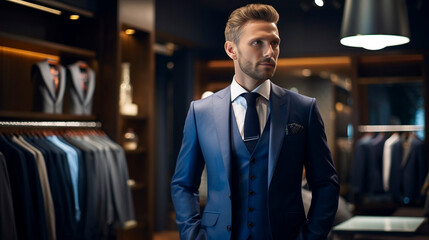stockphoto, high quality photo, A man in a classic suit stands in the fitting room of a men's clothing luxury boutique store. Luxury suite for men. Elegant clothing. - obrazy, fototapety, plakaty