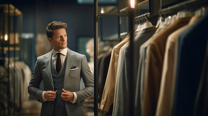 stockphoto, high quality photo, A man in a classic suit stands in the fitting room of a men's clothing luxury boutique store. Luxury suite for men. Elegant clothing. - obrazy, fototapety, plakaty
