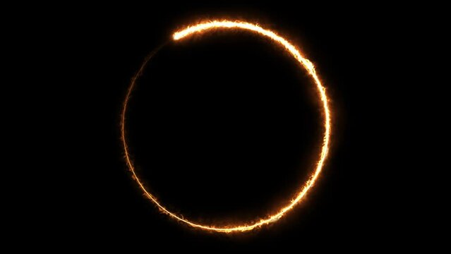 Animation of fire neon circle frame, ring shape, empty space, burning light, 80's retro style, fashion show stage, abstract background, illuminate frame design. Abstract vibrant fire circle