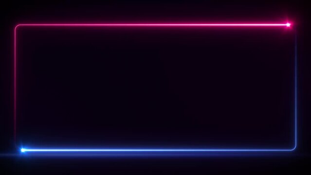 Animation of blue-pink neon square frame, rectangle shape, empty space, ultraviolet light, 80's retro style, fashion show stage, abstract background, illuminate frame design. Abstract cosmic vibrant