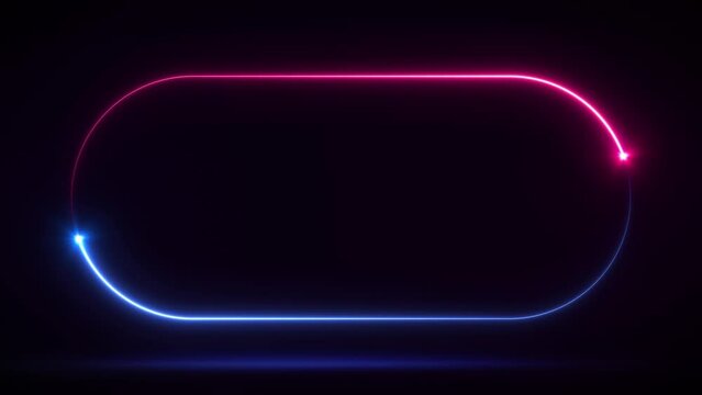 Animation of blue-pink neon square frame, rectangle shape, empty space, ultraviolet light, 80's retro style, fashion show stage, abstract background, illuminate frame design. Abstract cosmic flare