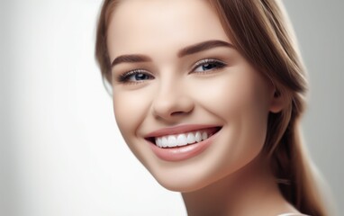 Obraz premium Beautiful wide smile of healthy woman, white teeth close up, dentist tooth whitening