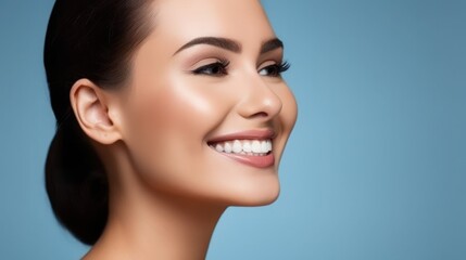 Obraz premium Beautiful wide smile of healthy woman, white teeth close up, dentist tooth whitening