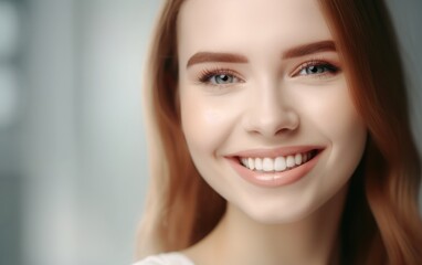 Naklejka premium Beautiful wide smile of healthy woman, white teeth close up, dentist tooth whitening