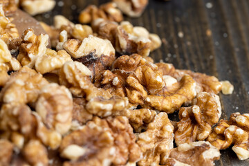 Walnut kernel on the kitchen table during cooking