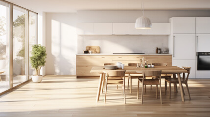 Fototapeta na wymiar Scandinavian Culinary Oasis A kitchen and dining area integrated into the living space, featuring modern appliances, a Scandinavian dining table, and minimalist design elements