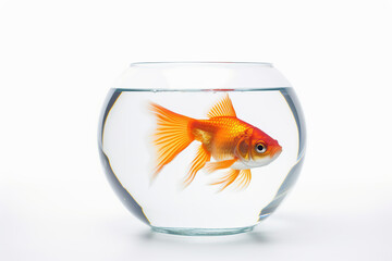 Goldfish swimming in a glass fishbowl isolated on a white background	